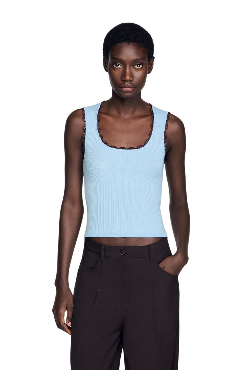 SANDRO Crochet detail knit top, Main, color, Sky Blue