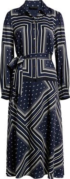Elie Tahari The Hollie Diamond Rain Print Long Sleeve Silk Blend Midi Shirtdress