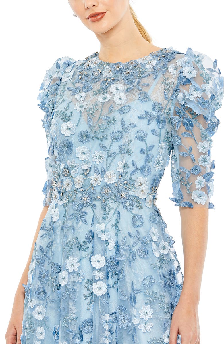 Mac Duggal Applique High Neck Puff Sleeve A Line Dress, Alternate, color, French Blue