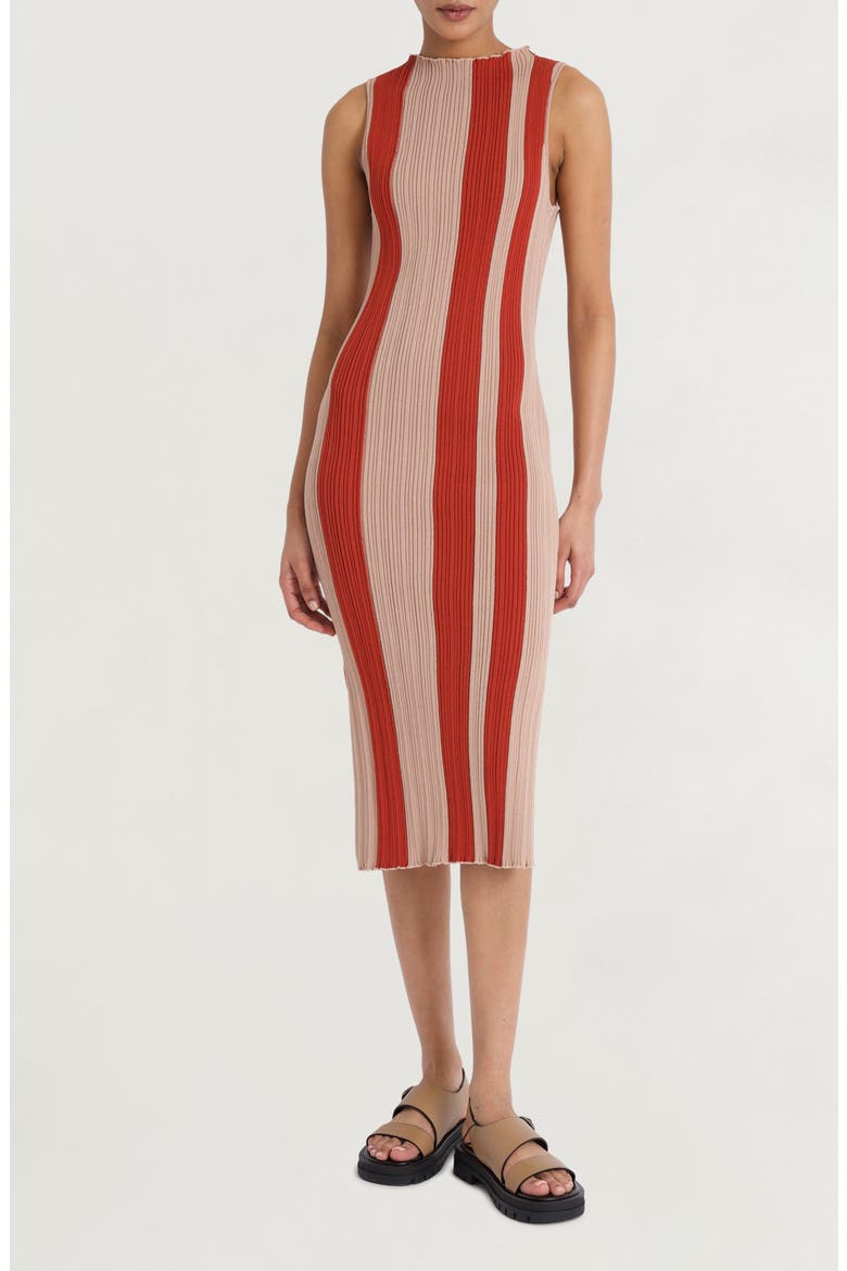 Stripe Sleeveless Rib Midi Dress, Main, color, WARM TAUPE/ BOSS NOVA