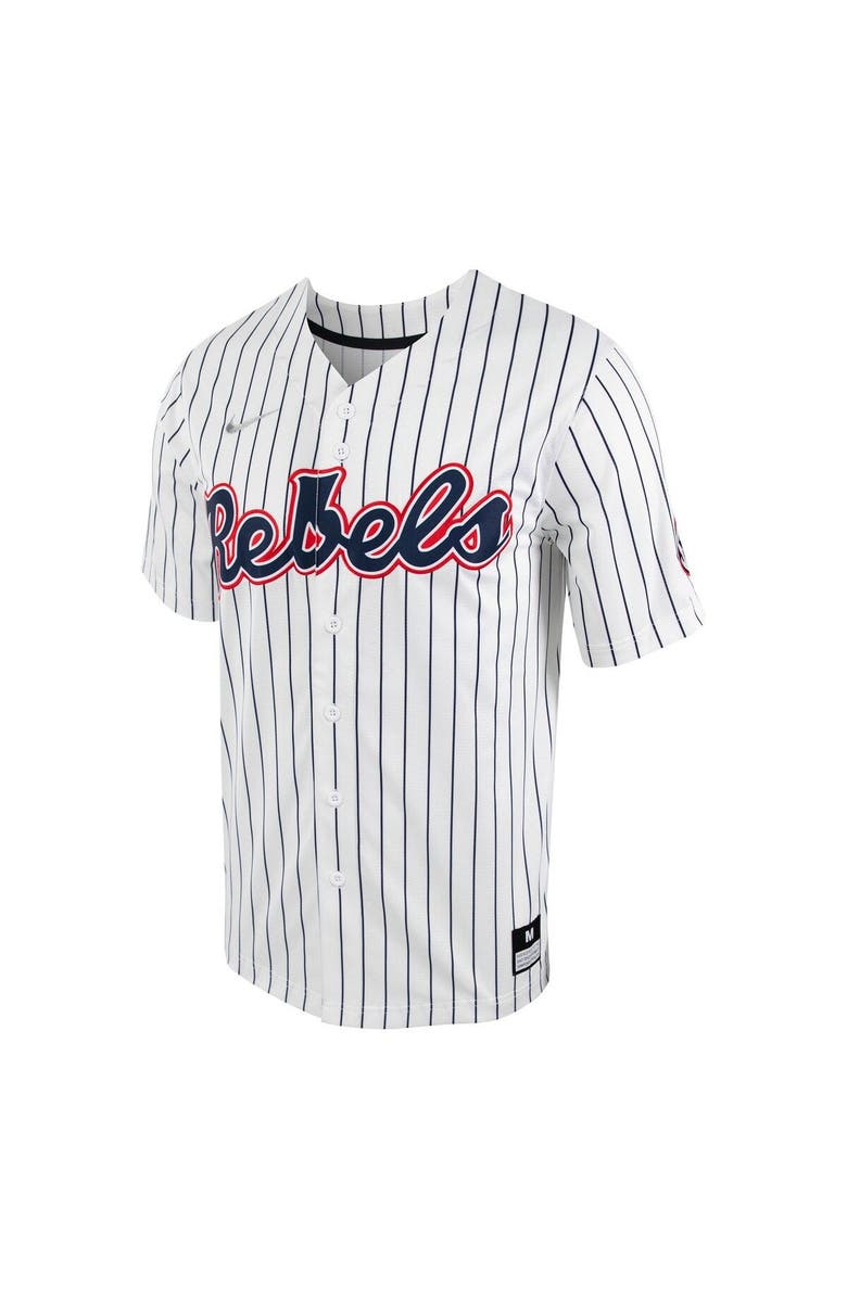 Nike Men's Nike White/Navy Ole Miss Rebels Pinstripe Replica Full-Button Baseball Jersey, Alternate, color, White