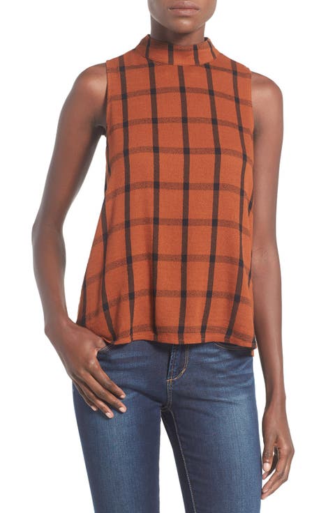 Windowpane Plaid Mock Neck Top
