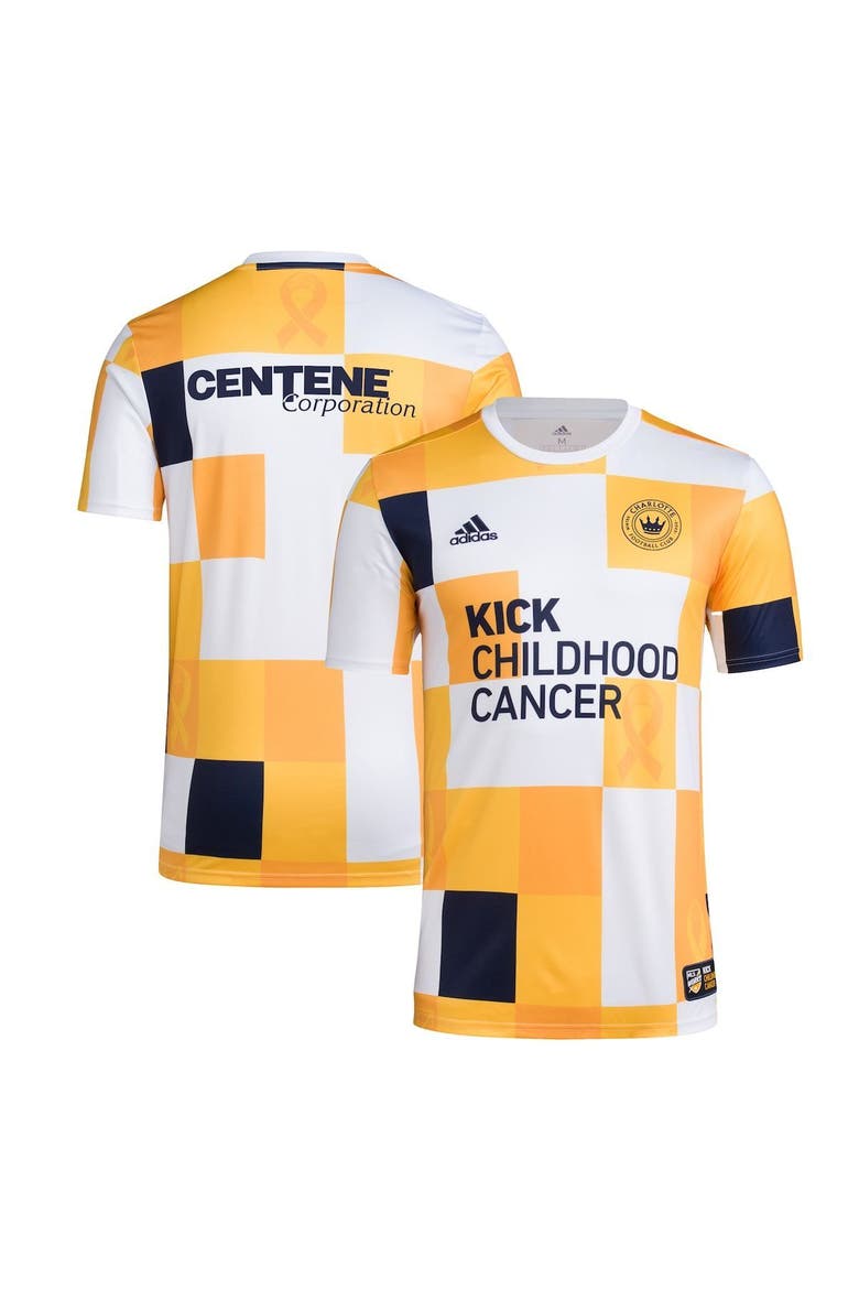 Men's adidas White/Gold Charlotte FC 2022 MLS Works Kick Childhood Cancer AEROREADY Pre-Match Top, Main, color, White