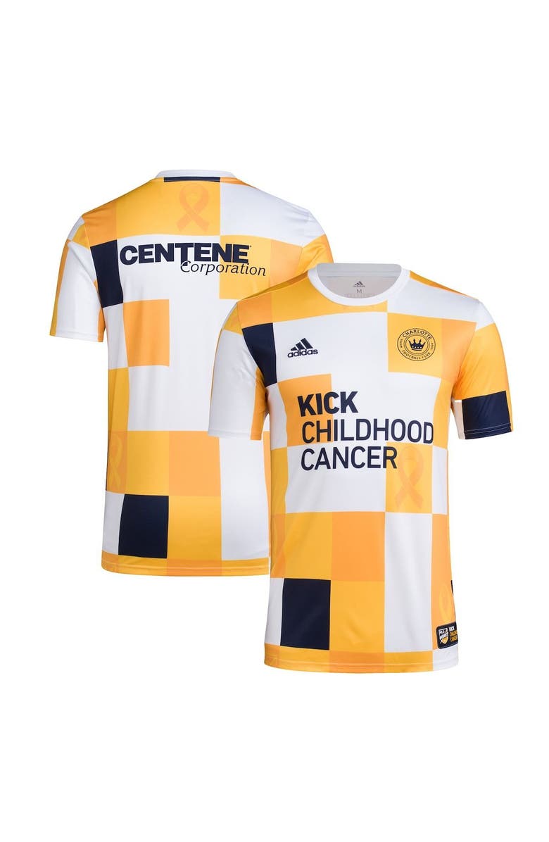 adidas Men's adidas White/Gold Charlotte FC 2022 MLS Works Kick Childhood Cancer AEROREADY Pre-Match Top, Main, color,