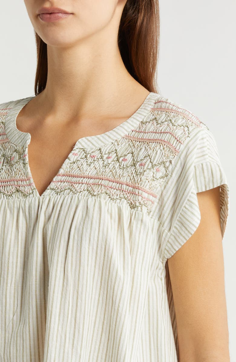 Lucky Brand Stripe Smocked Short Sleeve Cotton Top, Alternate, color, 