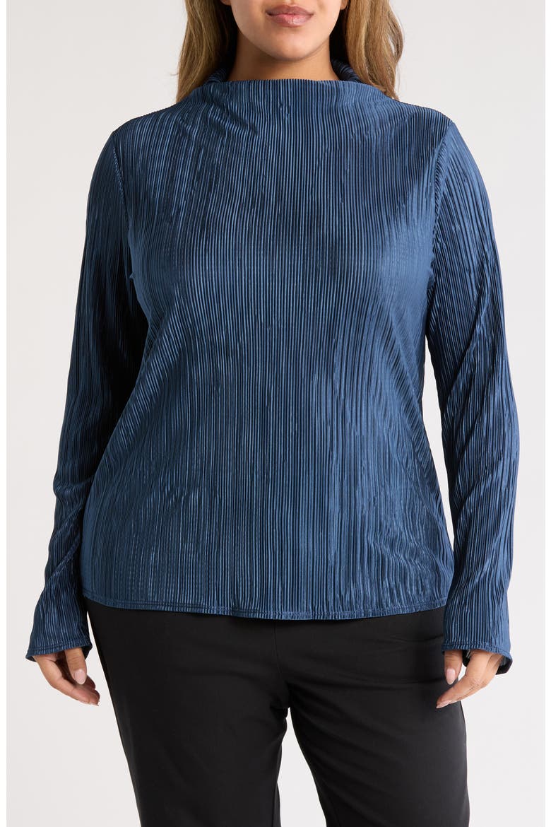Long Sleeve Plissé Turtleneck Top, Main, color, NAVY