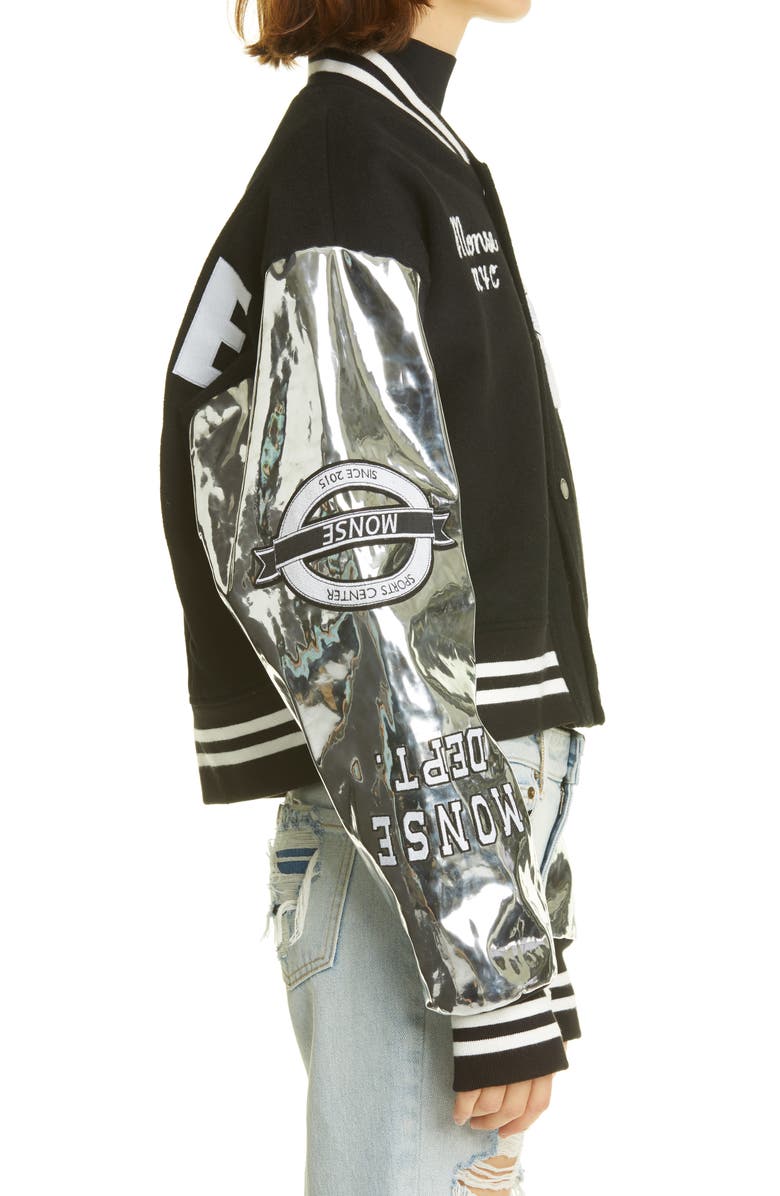 MONSE Mixed Media Crop Letterman Jacket, Alternate, color, 