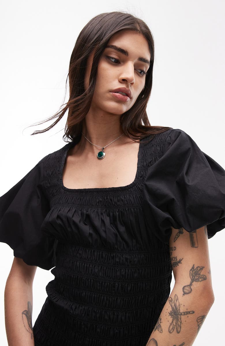 Topshop Shirred Puff Sleeve Maxi Dress, Alternate, color, Black