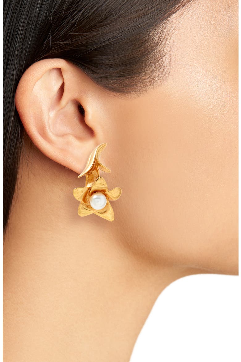 Imitation Pearl Flower Drop Earrings, Alternate, color, GOLD