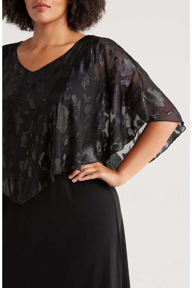 Floral Jacquard Cape Overlay Cocktail Dress, Alternate, color, BLACK