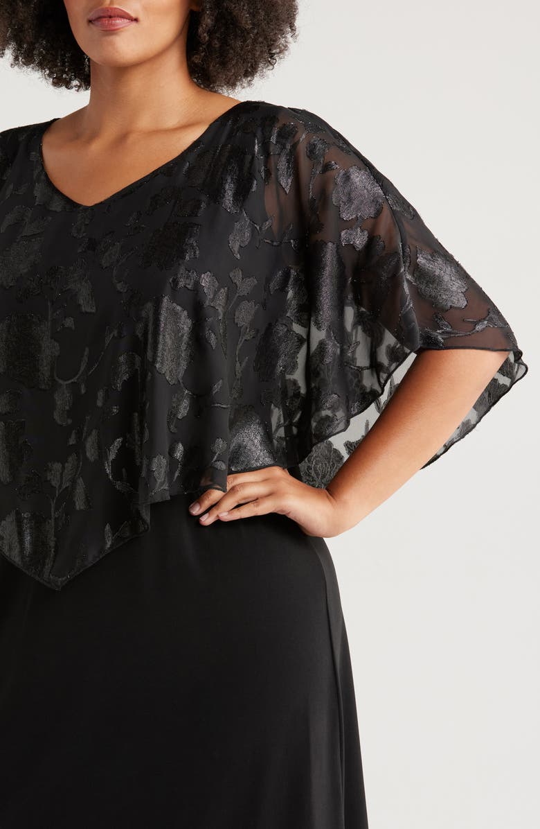 Connected Apparel Floral Jacquard Cape Overlay Cocktail Dress, Alternate, color, Black