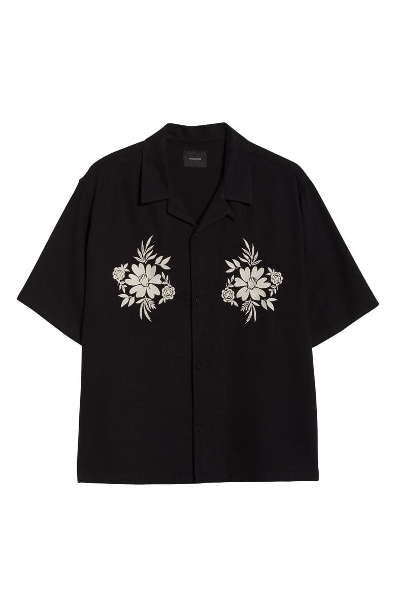 PacSun Floral Appliqué Lyocell Camp Shirt, Alternate, color, Black