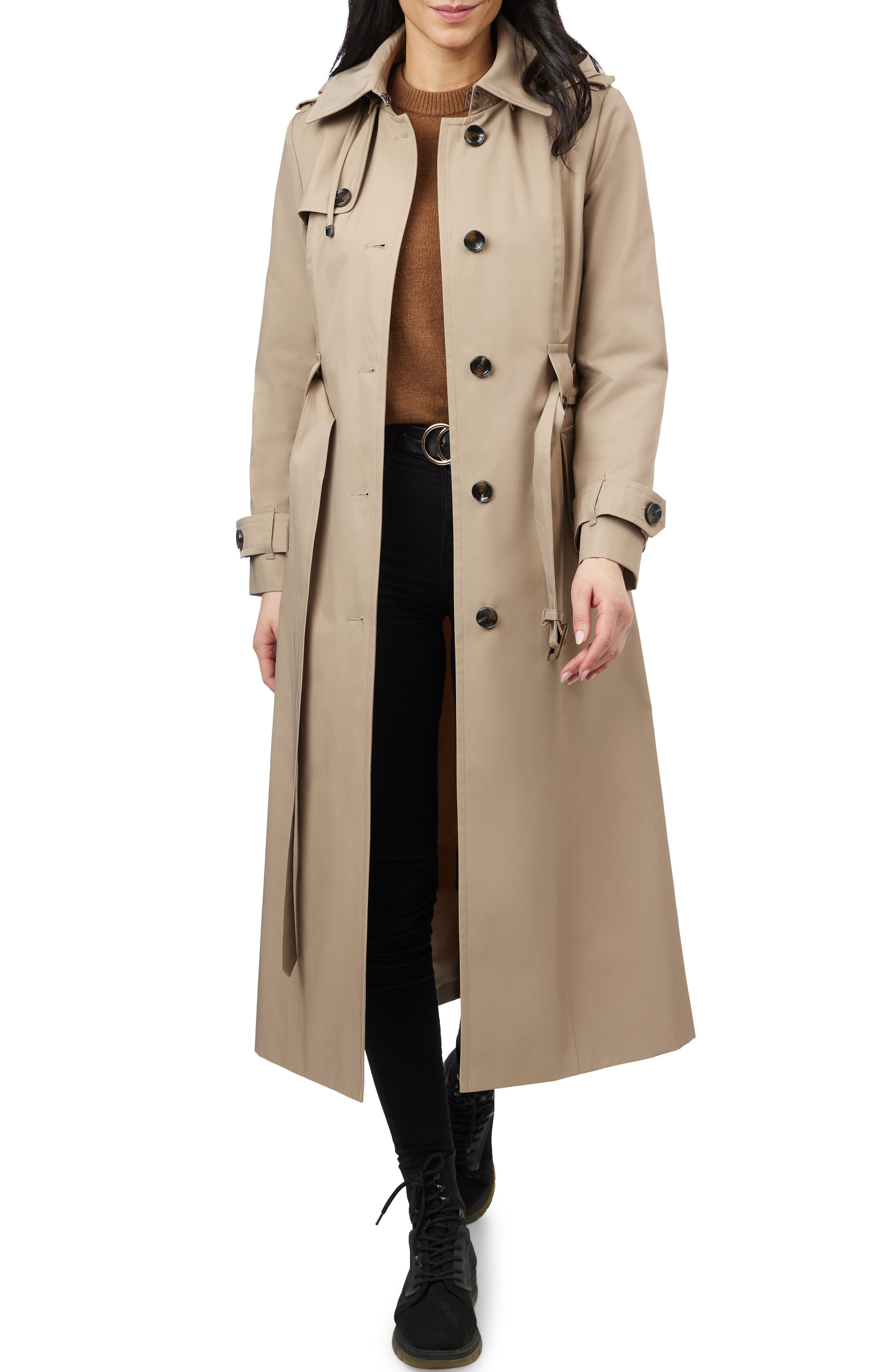 London Fog water-resistant belted trench coat with removable hood