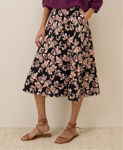 Pact Organic Cotton Fit & Flare Midi Skirt In Scattered Posies Black