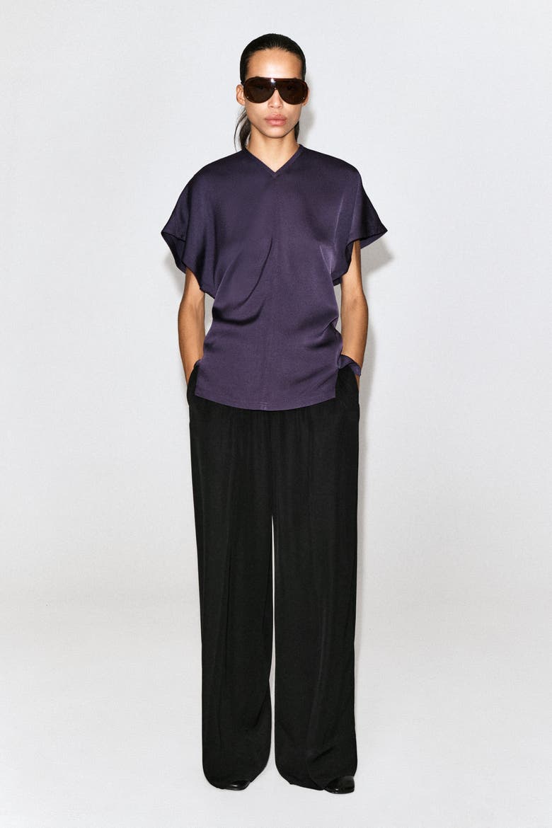 Draped Crepe V-Neck Top, Alternate, color, DARK PURPLE