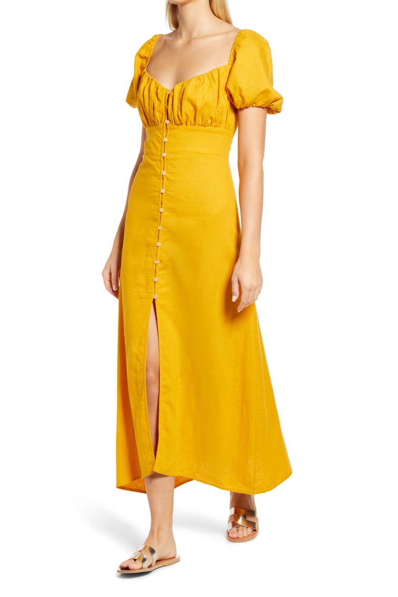 Women's Puff Sleeve Button Midi Dress, Alternate, color, MUSTARD