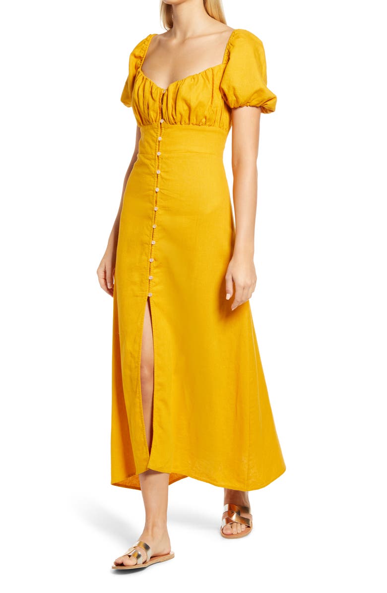 PRIM Women's Puff Sleeve Button Midi Dress, Alternate, color, Mustard