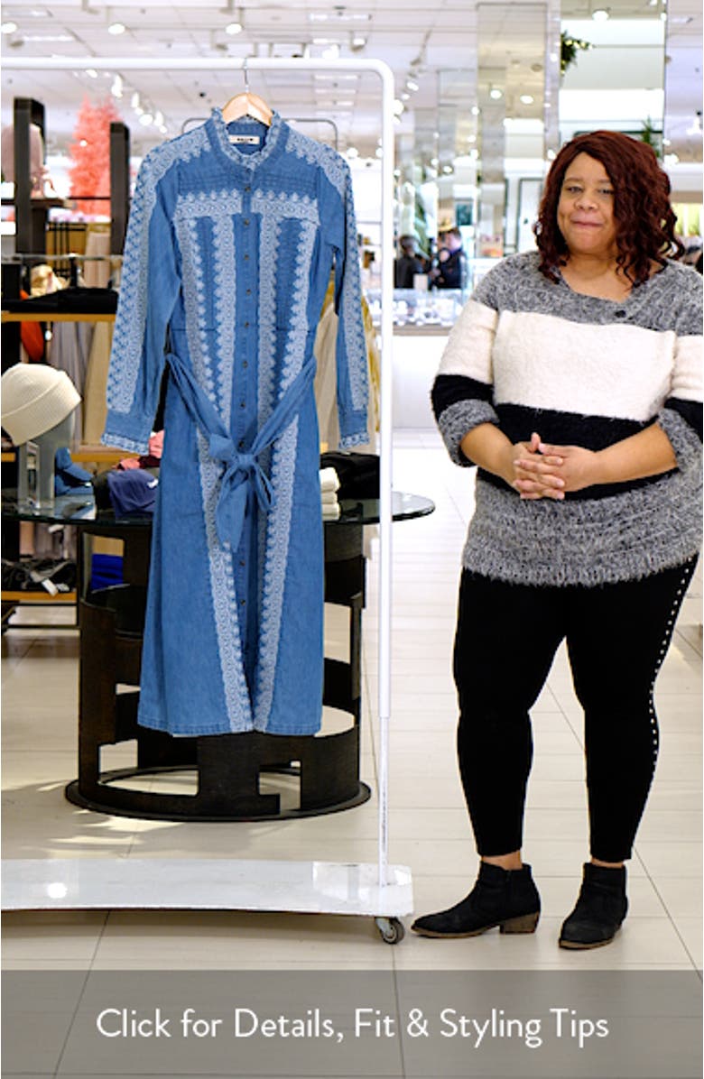 Ruffle Embroidered Long Sleeve Chambray Shirtdress, sales video thumbnail