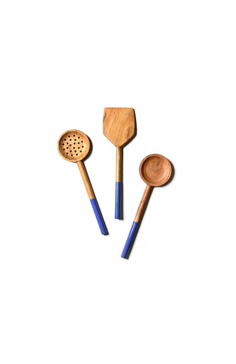 Wooden Utensils with Iris Blue Enamel Handle 3 Piece Set