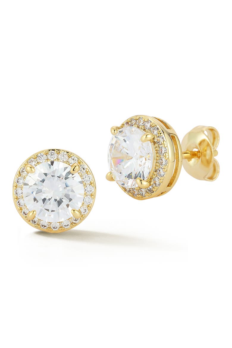 Round Cubic Zirconia Halo Stud Earrings, Main, color, GOLD