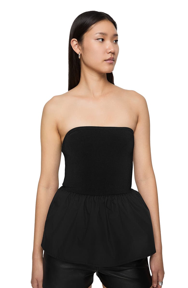Rebecca Minkoff Ruthie Mixed Media Strapless Peplum Top, Alternate, color, True Black