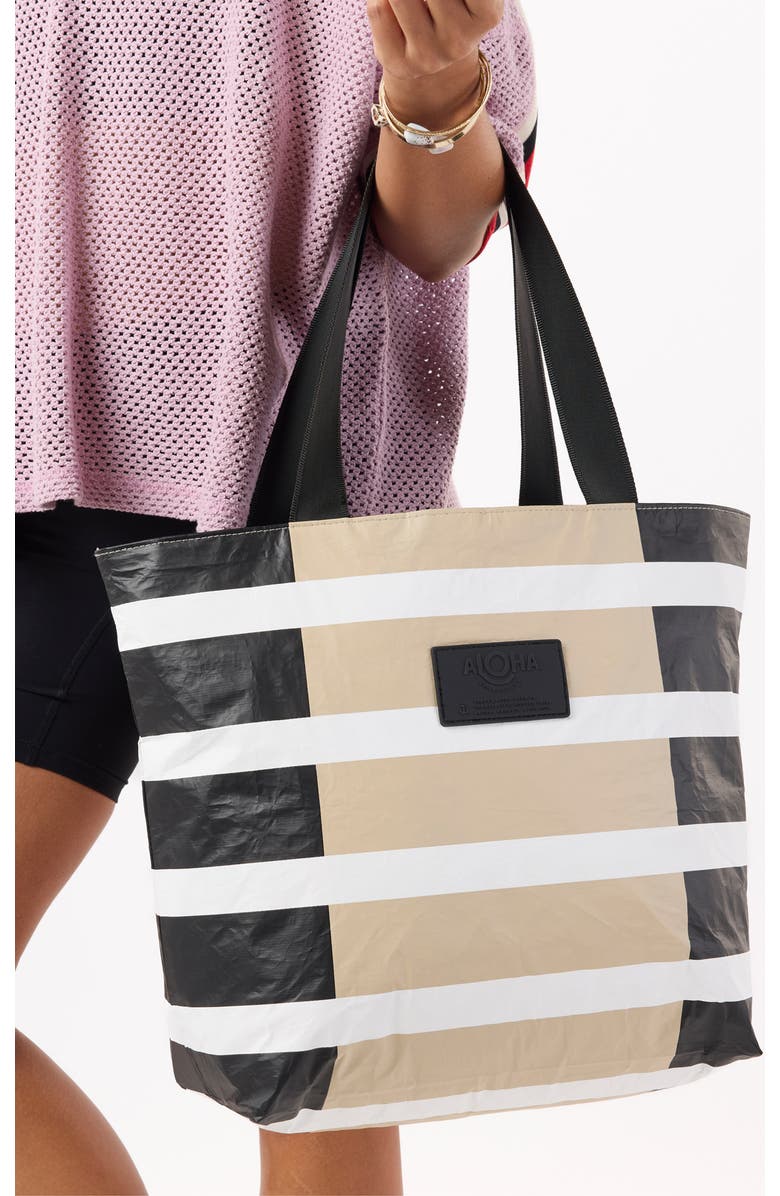 Aloha Collection Day Tripper Sporty Stripe Water Resistant Tote, Alternate, color, Black/ Latte