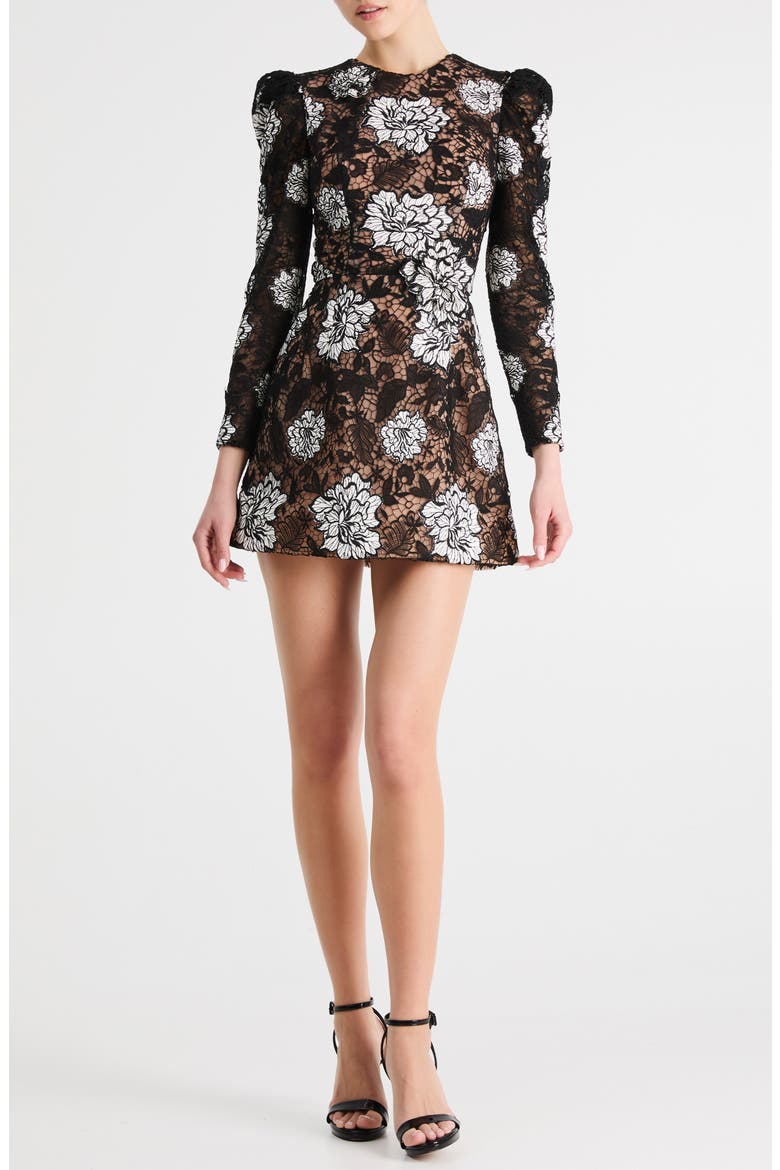 Ines Floral Stitch Long Sleeve Minidress, Main, color, BLACK/ WHITE