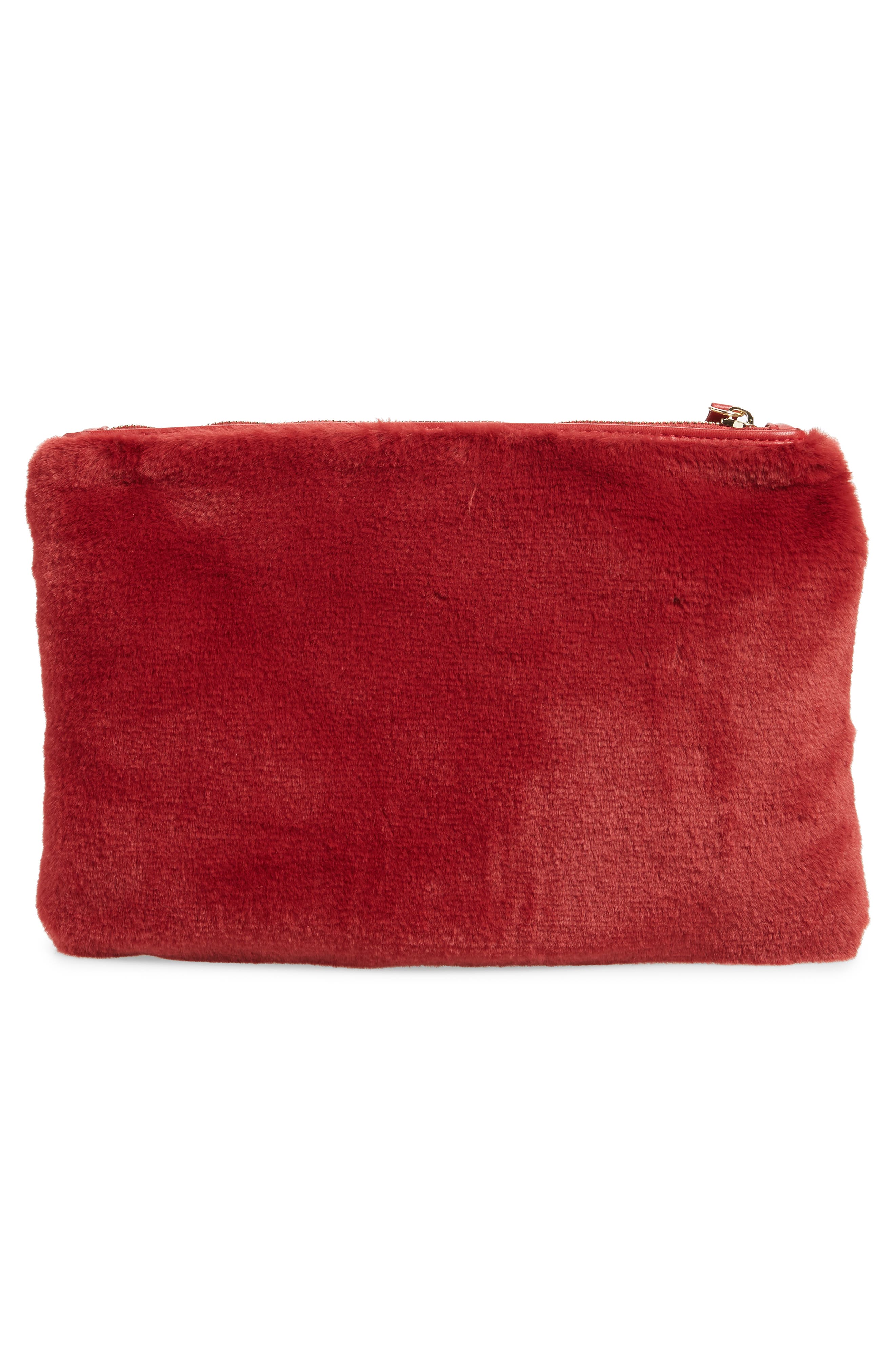 Jen Faux Fur Pouch, Alternate, color, RED HIBISCUS