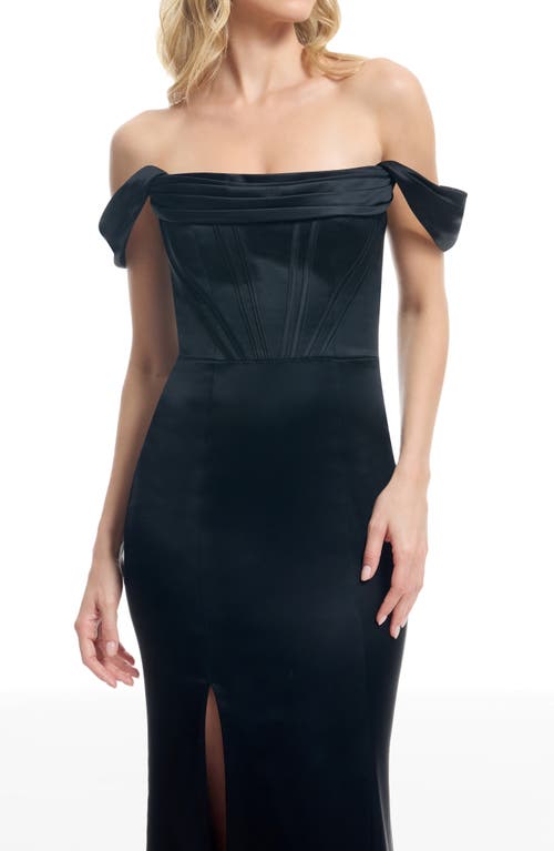 Dress The Population Melania Off The Shoulder Satin Gown In Black