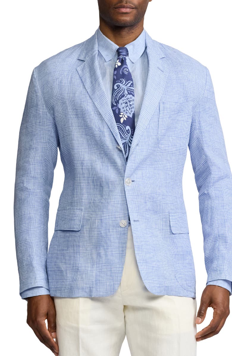 Ralph Lauren Purple Label Glen Check Single Breasted Linen Sport Coat, Main, color, Cornflower Blue/ White