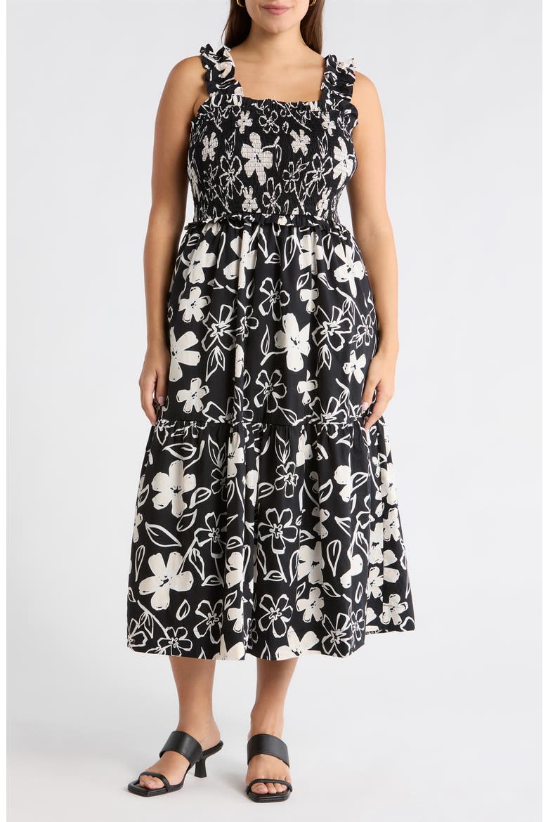 Kianza Floral Ember Smocked Midi Dress, Main, color, BLACK-WHITE