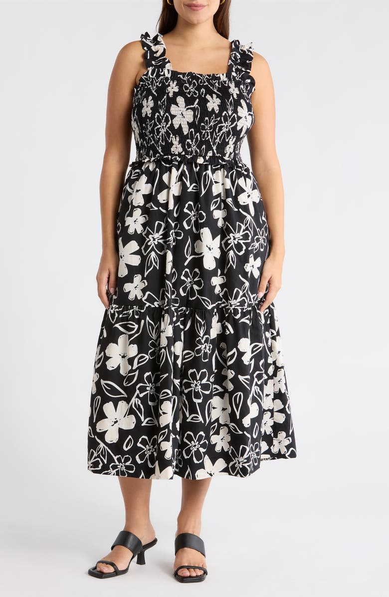 SUGARLIPS Kianza Floral Ember Smocked Midi Dress, Main, color, Black-White