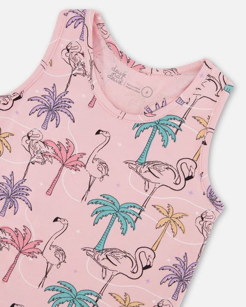 DEUX PAR DEUX DEUX PAR DEUX GIRL'S PRINTED ORGANIC COTTON TANK TOP WITH FRINGE PALM TREES, PINK FLAMINGO, AND TURQ