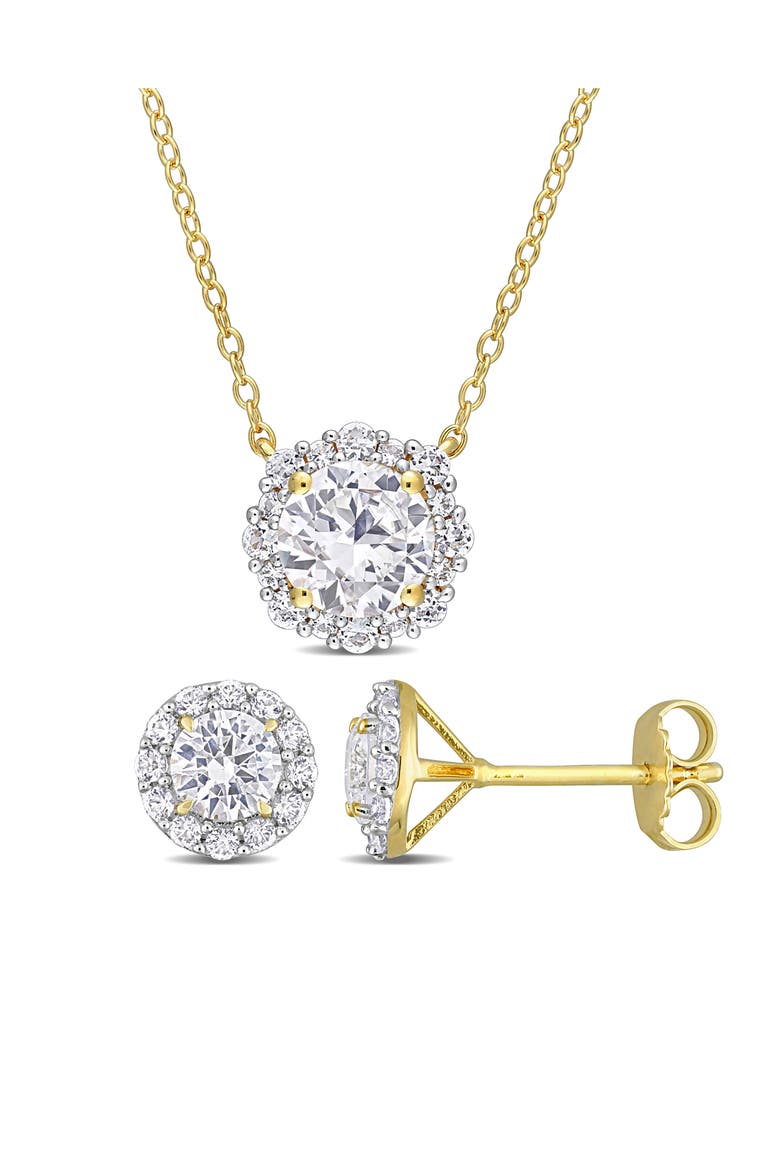 Lab Grown White Sapphire Round Halo Stud Earrings & Pendant Necklace Set, Main, color, GOLD