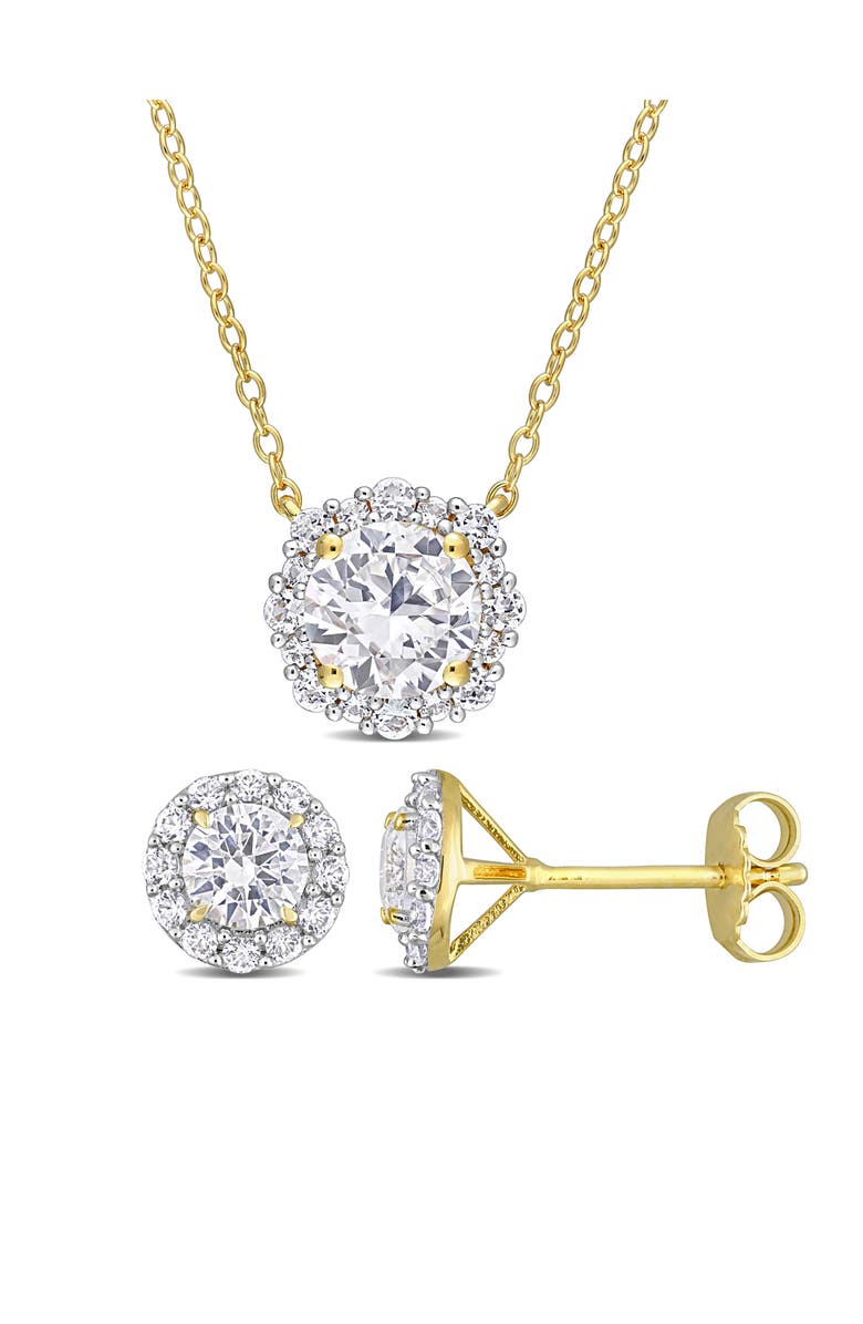 DELMAR Lab Grown White Sapphire Round Halo Stud Earrings & Pendant Necklace Set, Main, color, Gold