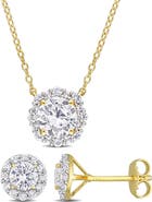 DELMAR Lab Grown White Sapphire Round Halo Stud Earrings & Pendant Necklace Set