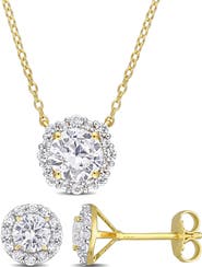 DELMAR Lab Grown White Sapphire Round Halo Stud Earrings & Pendant Necklace Set