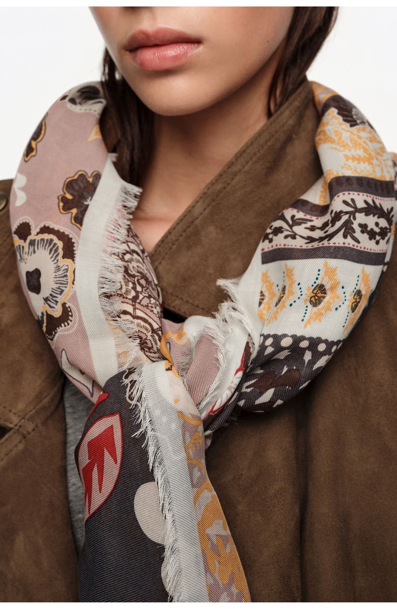 Bimba y Lola Graphite striped shawl with paisley and floral design, Alternate, color, Graphite