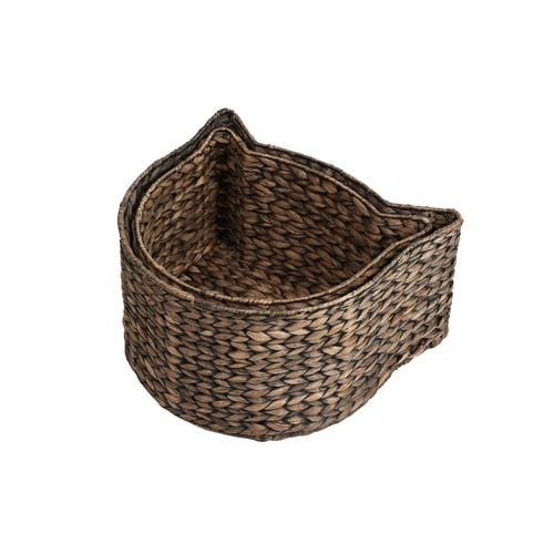 The Licker Store Felix Cat-shaped Hand Woven Water Hyacinth Nesting Pet Toy Organizer Baskets In Brown