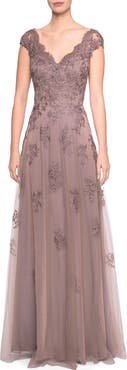 La Femme Short Sleeve Lace Gown with Cascading Embellishments