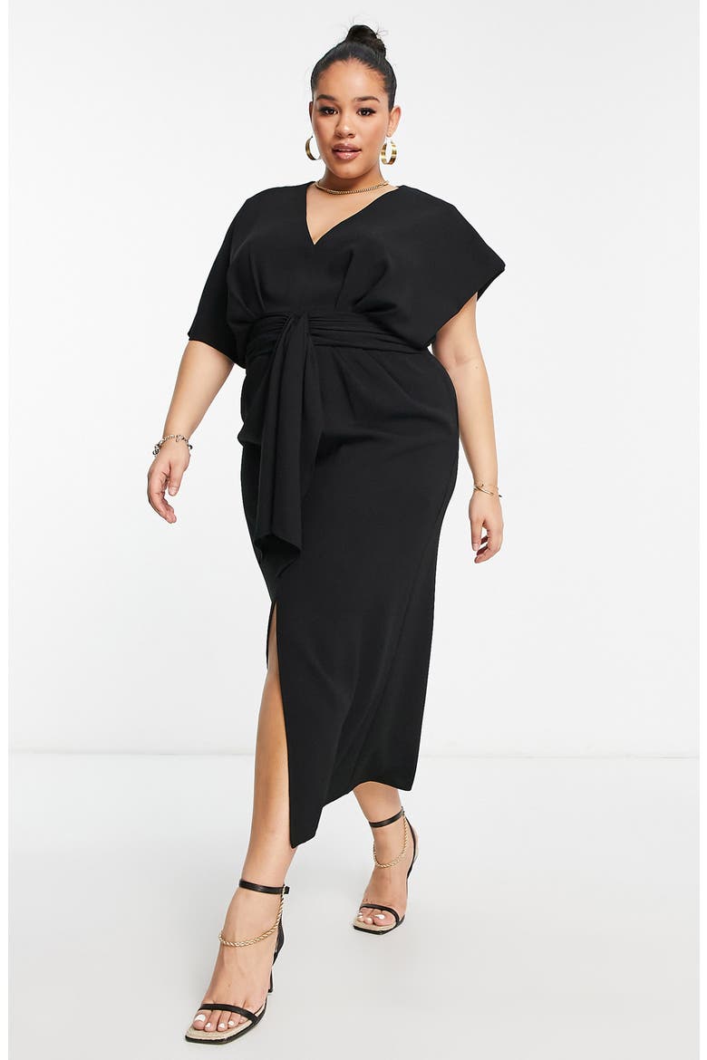 Curve Tie Waist Crepe Midi Dress, Main, color, BLACK