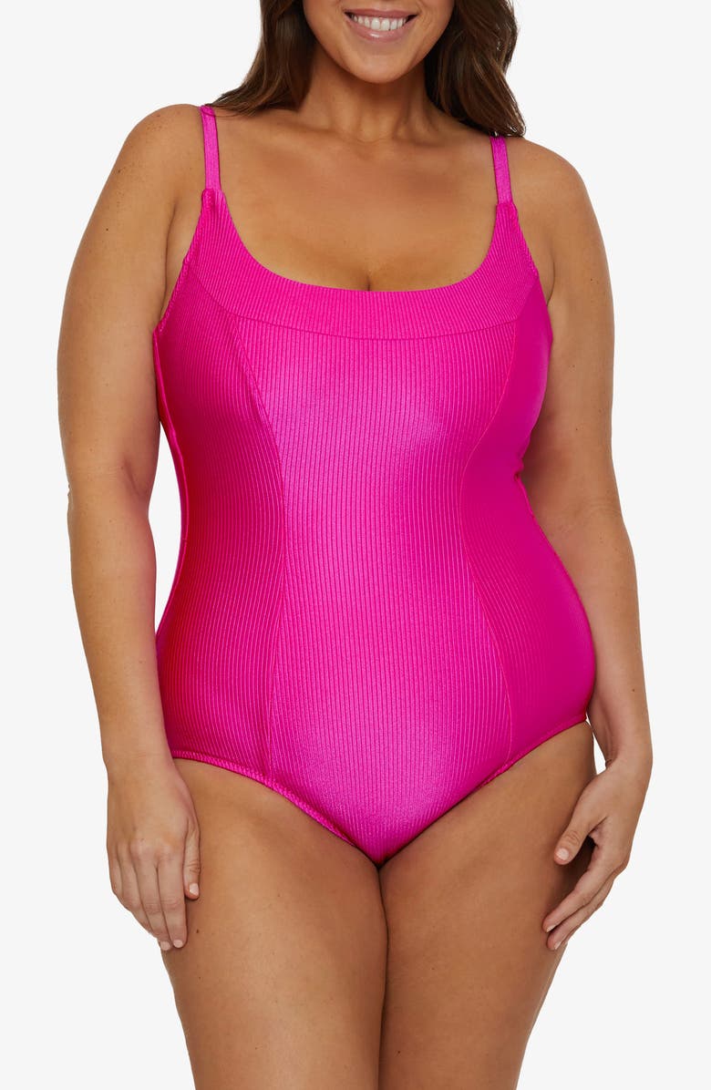 Becca Etc. Monte Carlo Belted Rib One-Piece Swimsuit, Alternate, color, Azalea