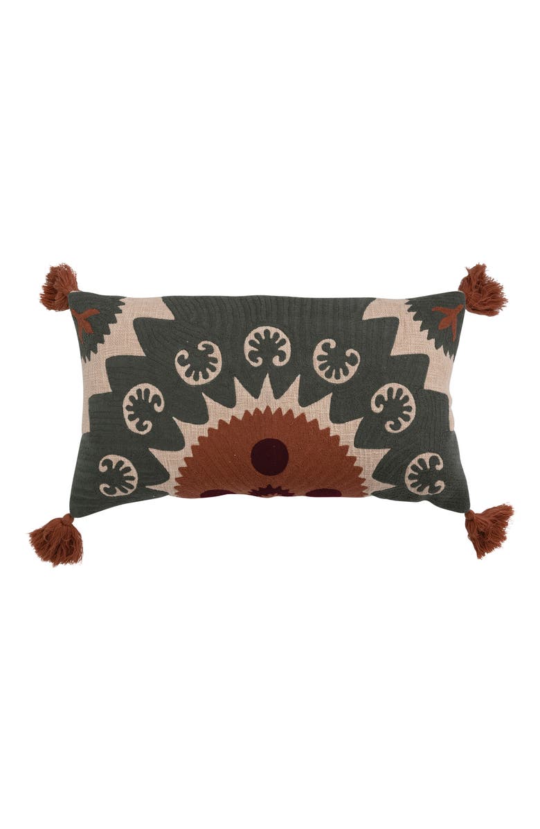 Storied Home Cotton Lumbar Pillow with Suzani Embroidery and Tassels, Main, color, Grey