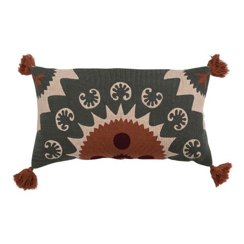 Cotton Lumbar Pillow with Suzani Embroidery and Tassels