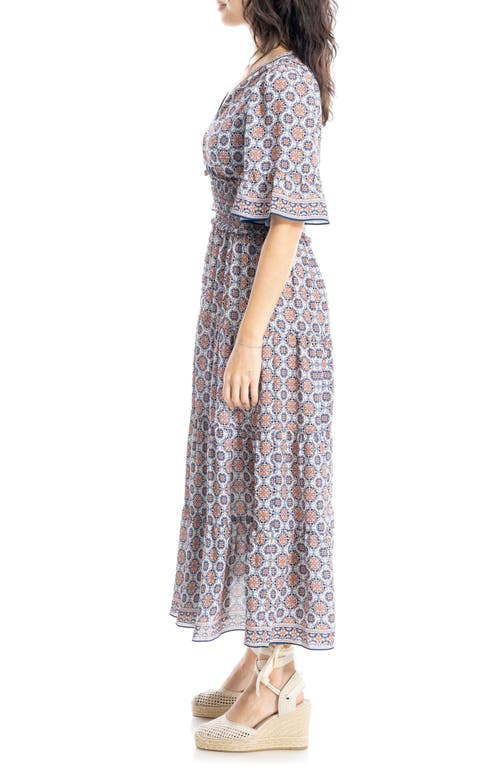 Max Studio Smocked Waist Midi Dress In Cream/blue Lace Geo