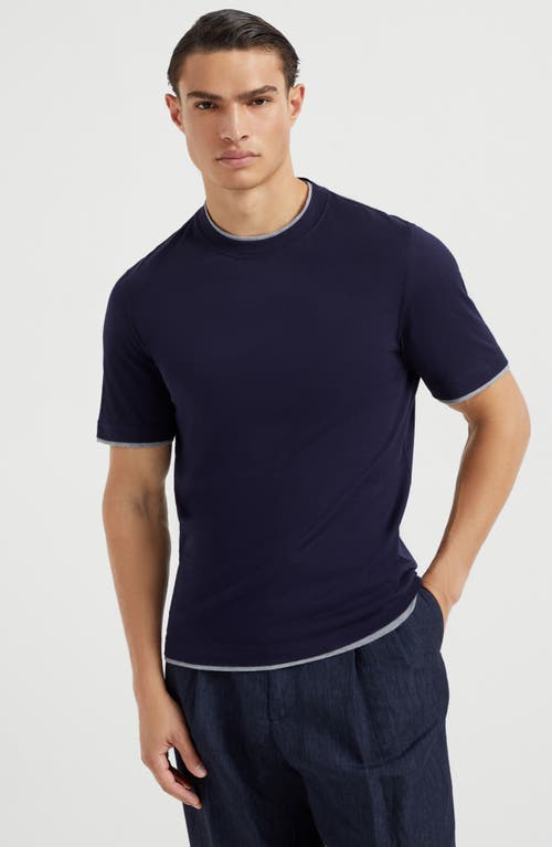 Brunello Cucinelli Men Silk And Cotton Jersey Crew-neck T-shirt With Faux-layering In Cobalt