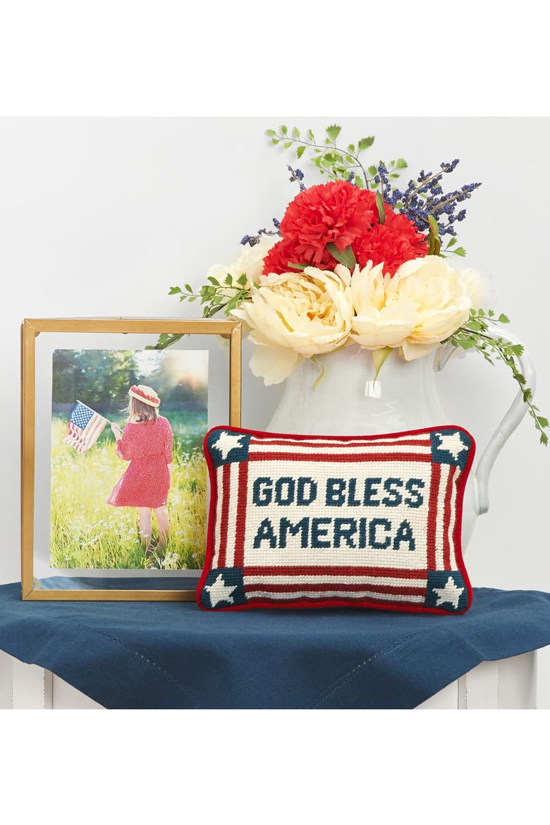 Patriotic "God Bless America" Needlepoint Mini Accent Pillow, 6.5" x 9", Alternate, color, Blue