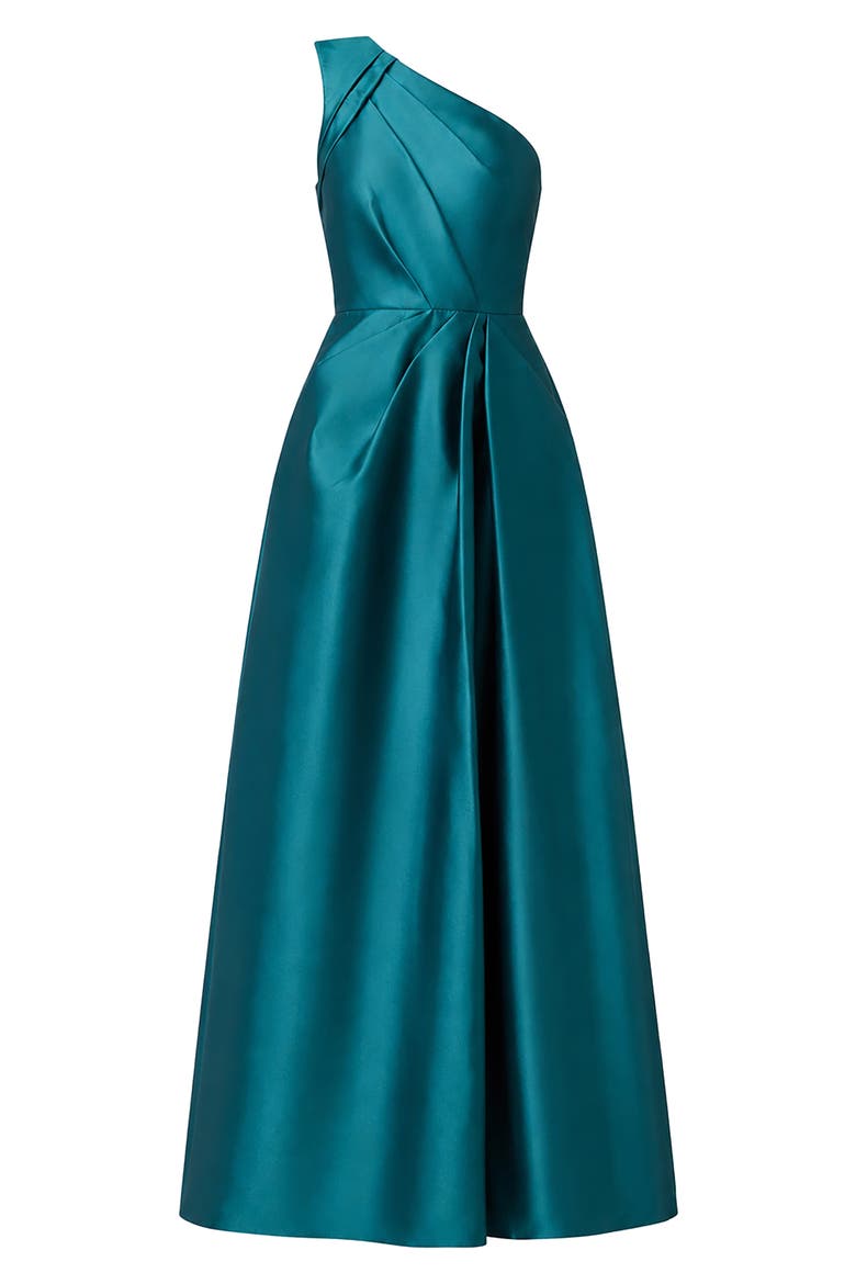 Pleated One-Shoulder Mikado Gown, Alternate, color, HUNTER