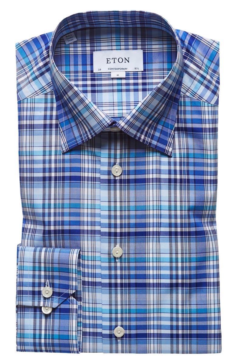 Eton Contemporary Fit Plaid Dress Shirt, Main, color, 