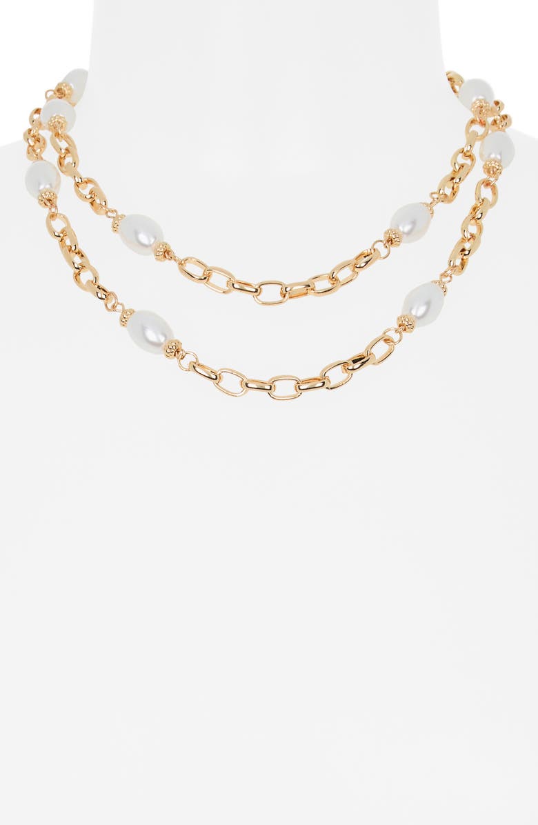 NORDSTROM RACK Faux Pearl Station Chain Layered Necklace, Alternate, color, White- Gold